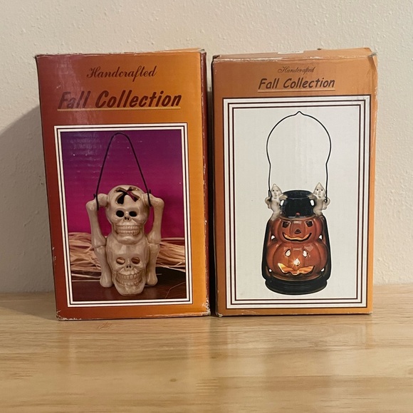 Set Of Vintage Halloween Tea Light Lanterns. Skull And Jack-O-Lantern New - Picture 2 of 7